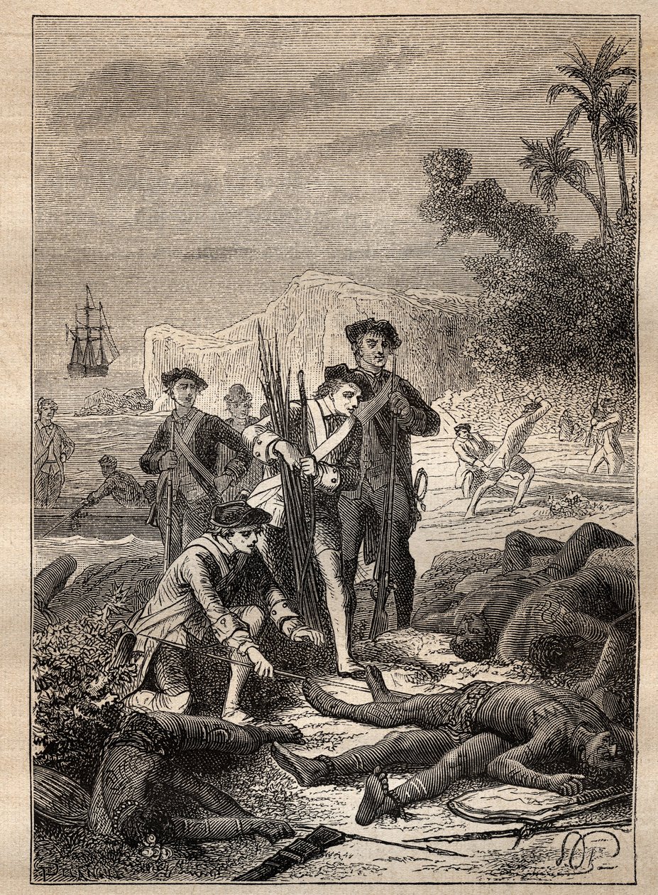 Ekspedition af Jean Francois de Survillle (1717-1770) i Sydhavet (1769-1770): sømændene i Surville samler våben fra de oprindelige folk, der døde under slaget (Ny Irland, Papua Ny Guinee) - illustration taget fra " De store søfolk af Unknown artist