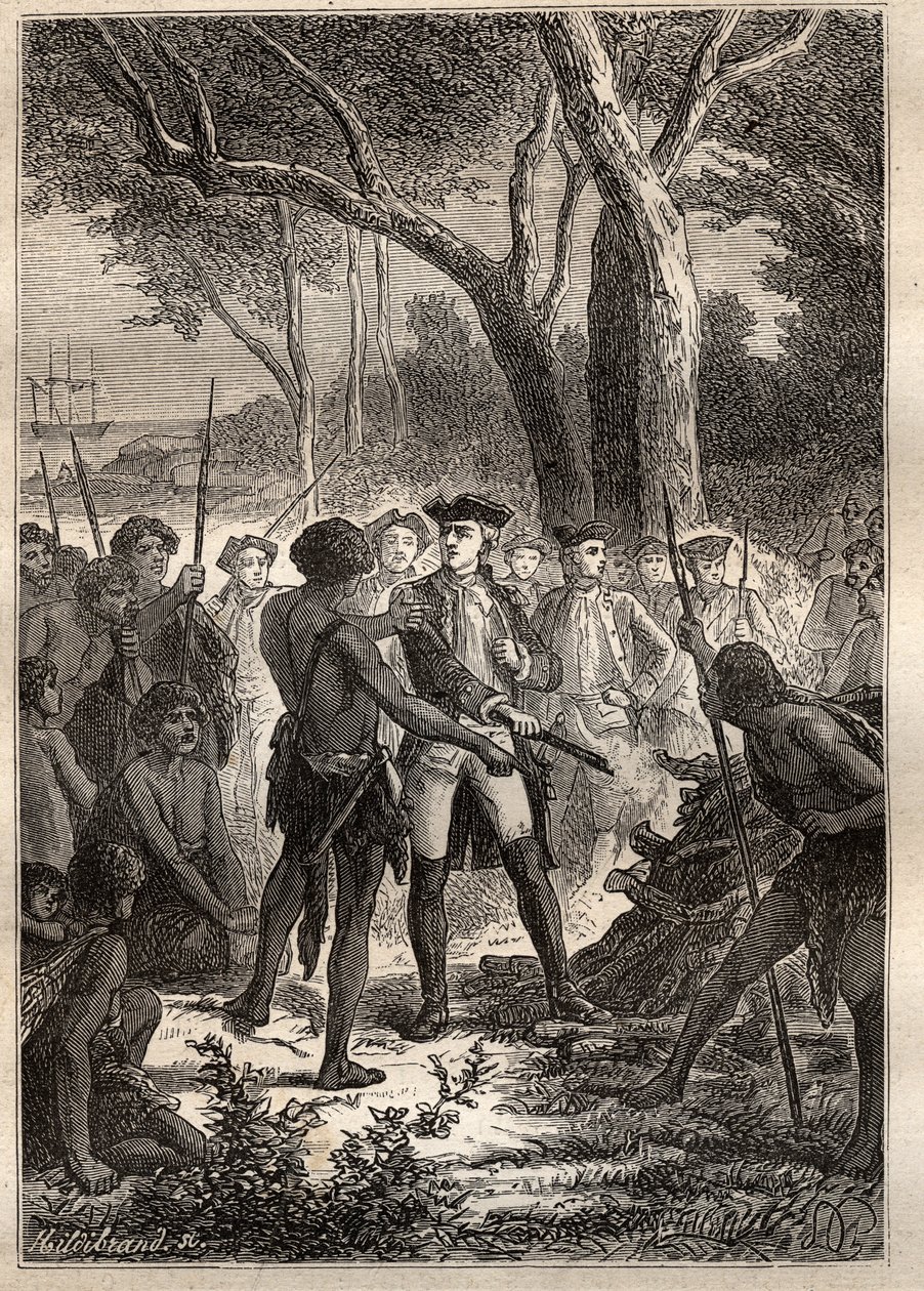 Ekspedition af Nicolas Thomas Marion-Dufresne (Marion Dufresne) (1729-1772): Marion gik af barken i Frederick Henry Bay (Tasmanien) og blev tilbudt en brandon antændt af det oprindelige folk - illustration taget fra "The Great Mariners of the 18th century" af Unknown artist
