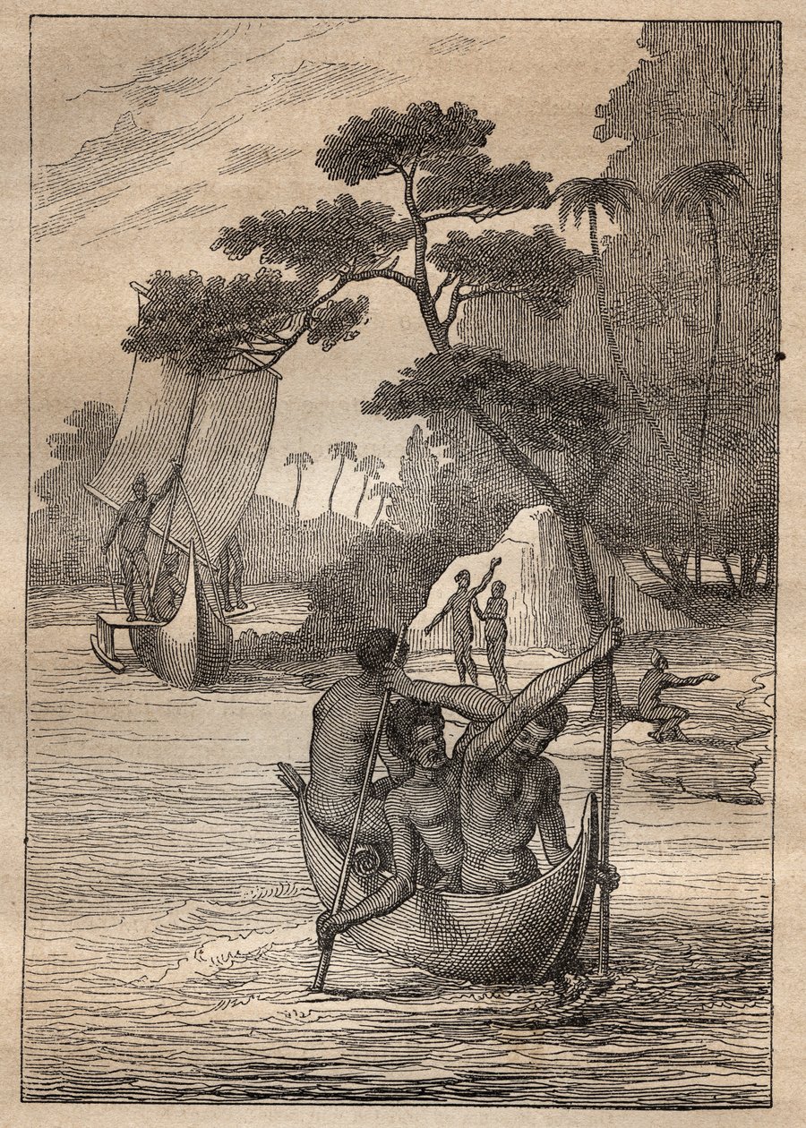 Ekspedition af Nicolas Thomas Marion-Dufresne (Marion Dufresne) (1729-1772): kanoer fra øerne Admiraut (Bismarck Archipelago, Papua Ny Guinea) - illustration taget fra "" The Great Mariners of the 18th century""" af Unknown artist