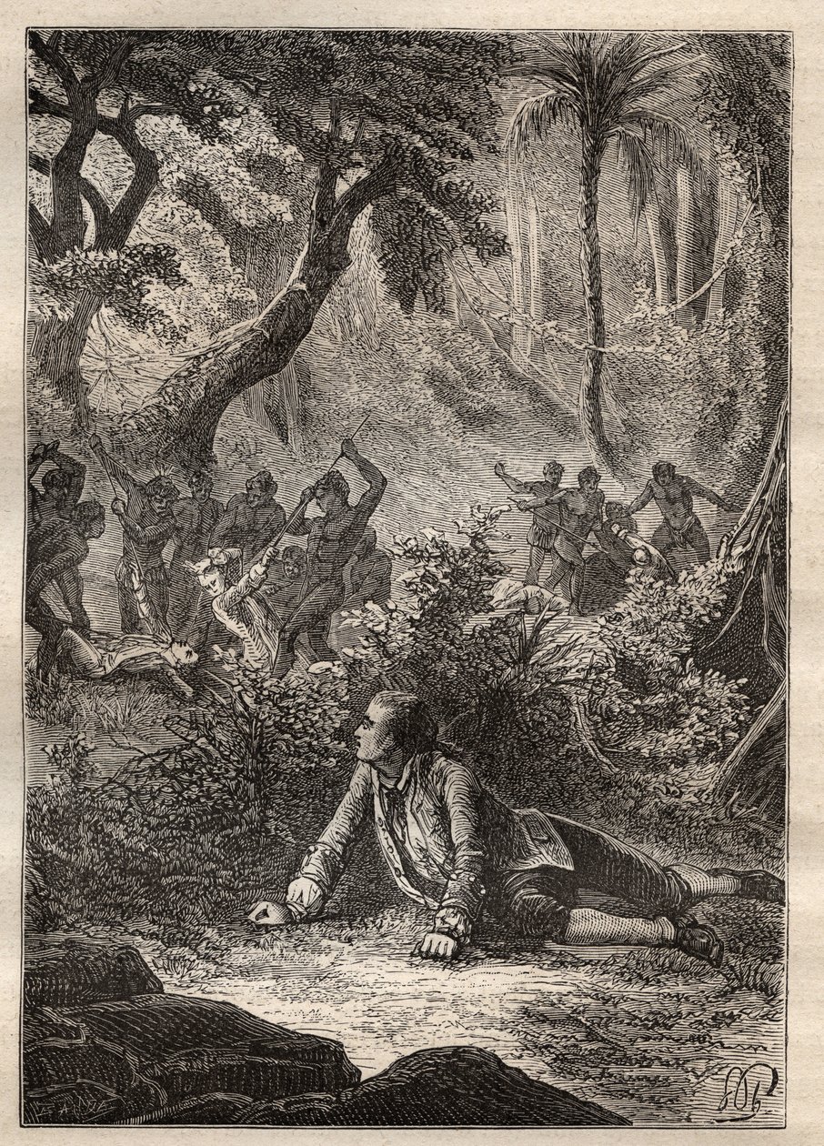 Ekspedition af Nicolas Thomas Marion-Dufresne (Marion Dufresne) (1729-1772): den eneste overlevende sømand var vidne til massakren af alle hans kammerater, inklusive Marion, af de indfødte i Assassins Bay (Matuaro Island, New Zealand) - illustration taget  af Unknown artist