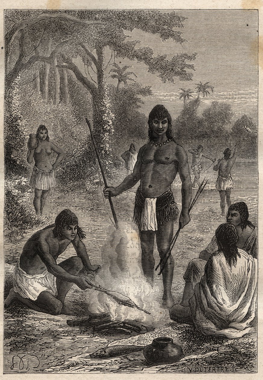 Ekspedition til Amerika (1799-1804) af Alexander von Humboldt (1769-1859) og Aime Bonpland (1773-1858): Omaguas-indianere (Amazonia, Peru) - illustration fra "The Great Mariners of the 18th century" af Unknown artist