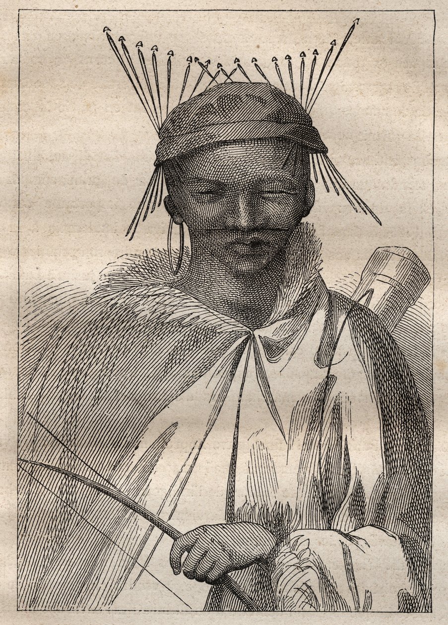 Ekspedition til det indre af Sydafrikas lande (1775) af Anders Sparrman (1748-1820): en boschiman (Bochiman eller San, indfødt i det sydlige Afrika) - illustration hentet fra "De store søfarere i det 18. århundrede" af Unknown artist
