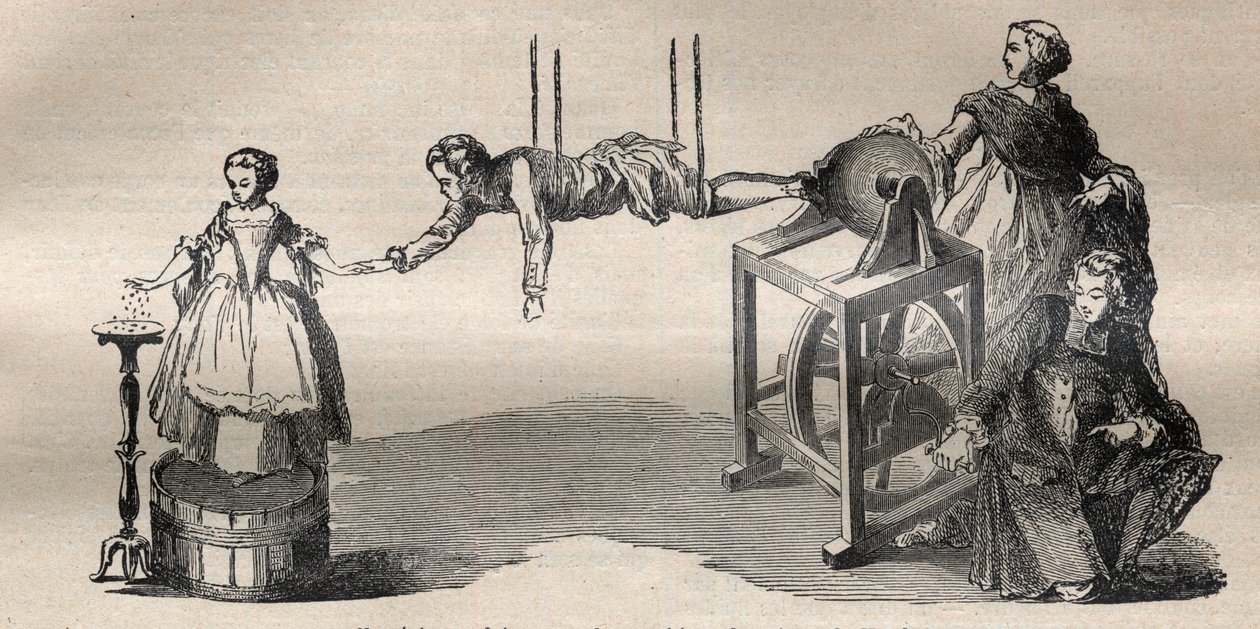 Erfaring lavet med den elektriske maskine af Francis Hauksbee den ældre (1666-1713) - Indgravering i "" La Science francaise"" af Unknown artist