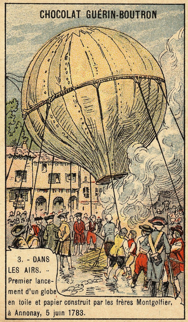 Oplevelse af 5. juni 1783 af Montgolfier-brødrene i Annonay.Chromo i slutningen af det 19. århundrede. af Unknown artist