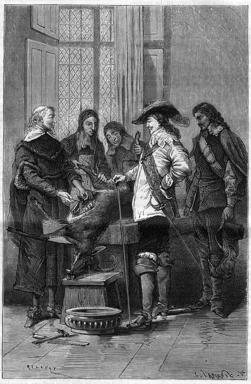 Erfaring fra William Harvey (1578-1657), engelsk læge, der viser Charles I Stuart (1600-1649) konge af England og læger fra Royal College of London fænomenet blodcirkulation på en levende då. Indgravering i ""La Nature"" af Unknown artist