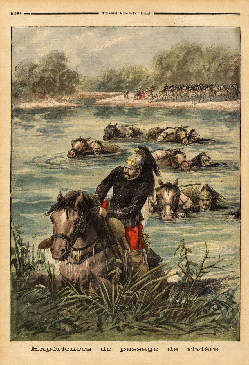 Oplevelse af flodpassage ved det 7. regiment af drager i Fontainebleau. Indgravering i "" Le petit journal"" 6/09/1896. Selvas samling. af Unknown artist