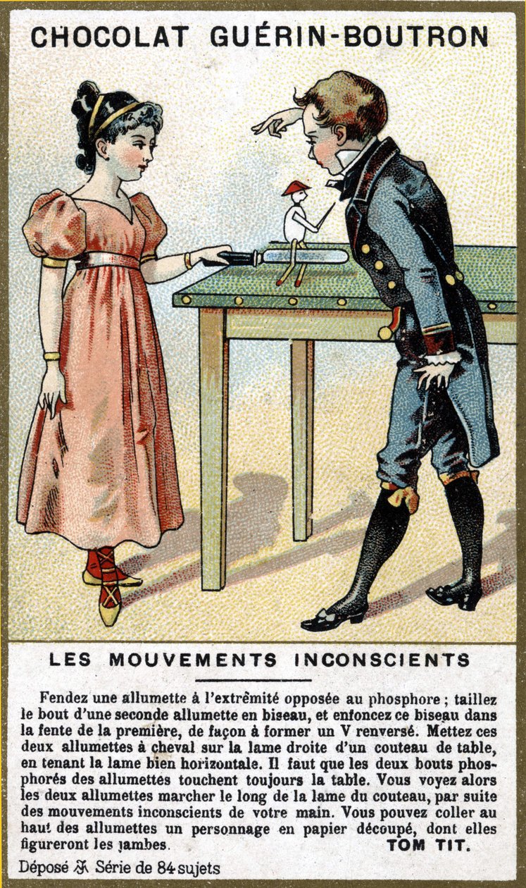 To børns erfaring med tændstikker og kniv. Kromolitografi af chokoladeemballage Guérin Boutron. af Unknown artist