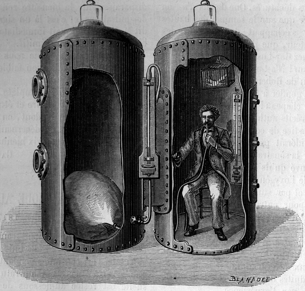Erfaring med barometrisk tryk af fysiologen Paul Bert (1833-1886): indånding af suroxygen luft, udvides ved faldende tryk. Indgravering i "" La Nature: revue des sciences et de leurs applications aux arts et a l
