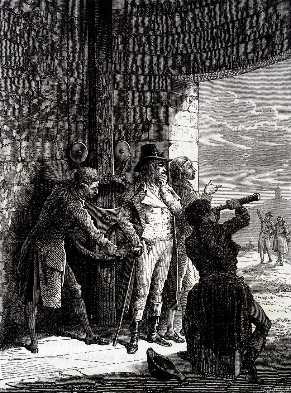Eksperiment med Chappe-telegrafen lavet den 12. juli 1793 fra Ménilmontant til Saint-Martin-du-Tertre foran konventets kommissærer - i "" Industriens vidundere"" af Louis Figuier af Unknown artist