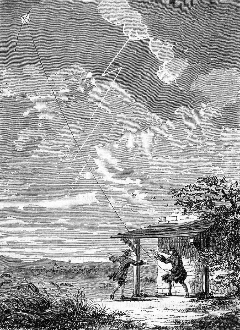 Eksperiment med den elektriske drage lavet i Philadelphia af Benjamin Franklin, september 1752 - gravering af Unknown artist