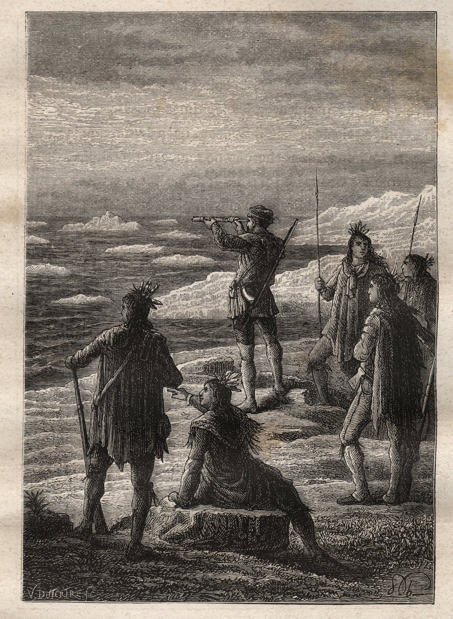 Udforskning af det store canadiske nord (1769-1772) af Samuel Hearne (1745-1792): Hearne går op ad Coppermine-flodens løb og ankommer til dens udmunding på det arktiske hav i 1771 - illustration fra "The Great Mariners of the 18th århundrede" af Unknown artist