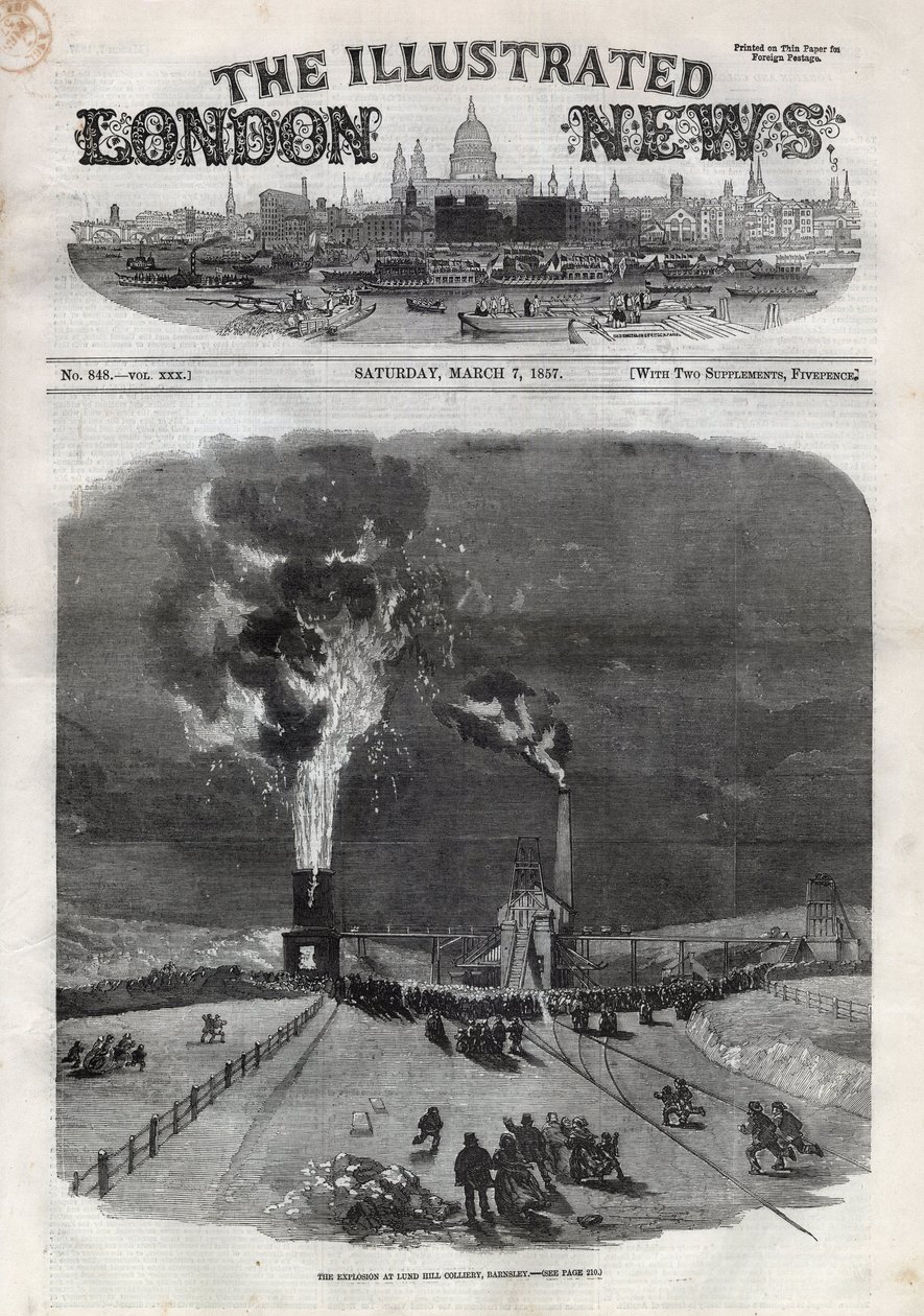 Eksplosion ved Lund Hill-kulminen (Lundhill) i Barnsley, England. En avis. Indgravering i "" The Illustrated London News"" af 7. marts af Unknown artist