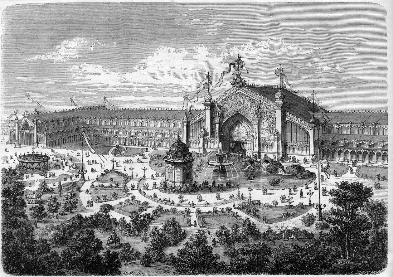 Udstilling Universelle de Lyon: gallerierne set fra parken. Gravering i "" L