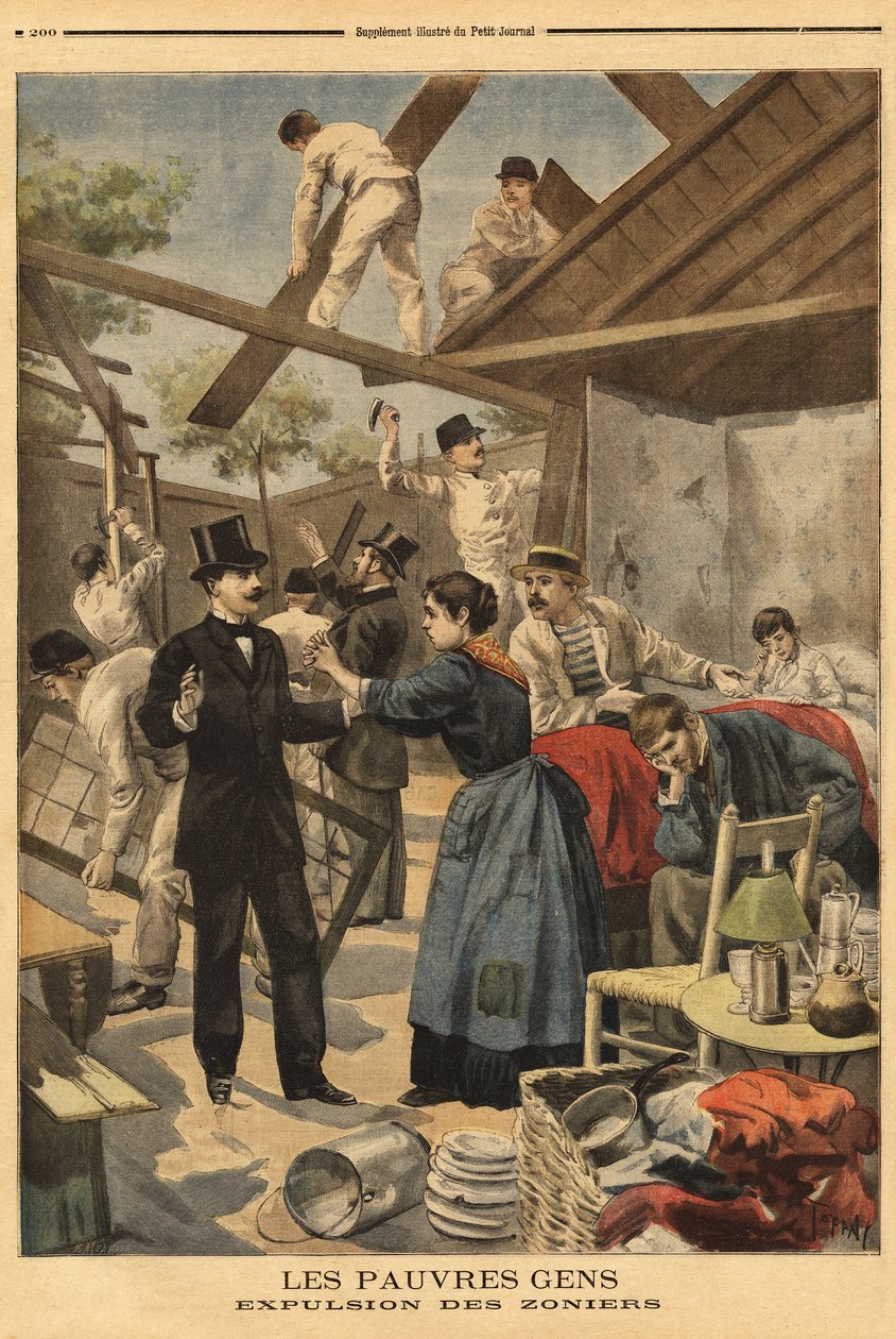 Udvisning og element af kasernen opstillet på den militære zone ved Gentilly-porten. Illustration i "" Le petit journal"" 23/06/1895. af Unknown artist