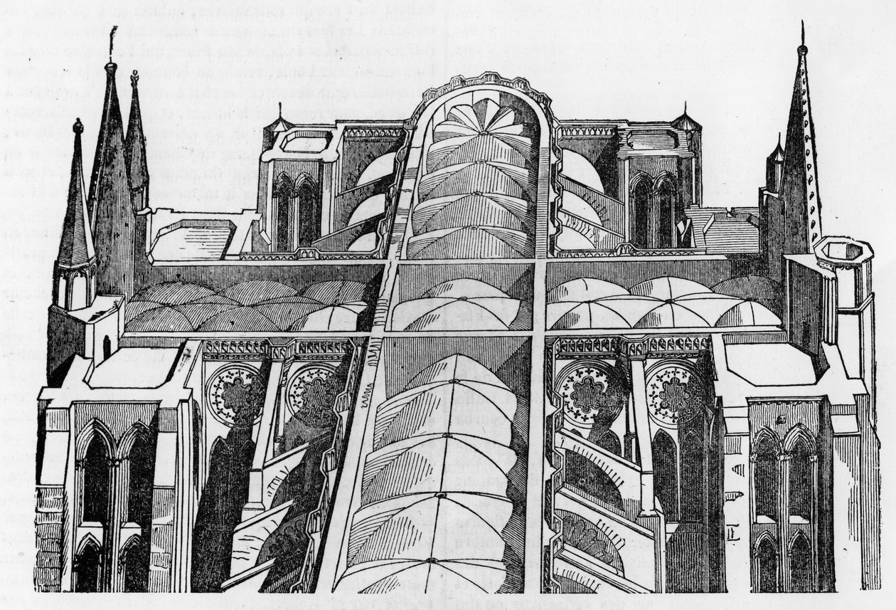 Ydre og øvre del af Cathedrale de Chartres (28) siden branden den 4. og 5. juni - i "Le magasin maleriske", juli 1836. af Unknown artist