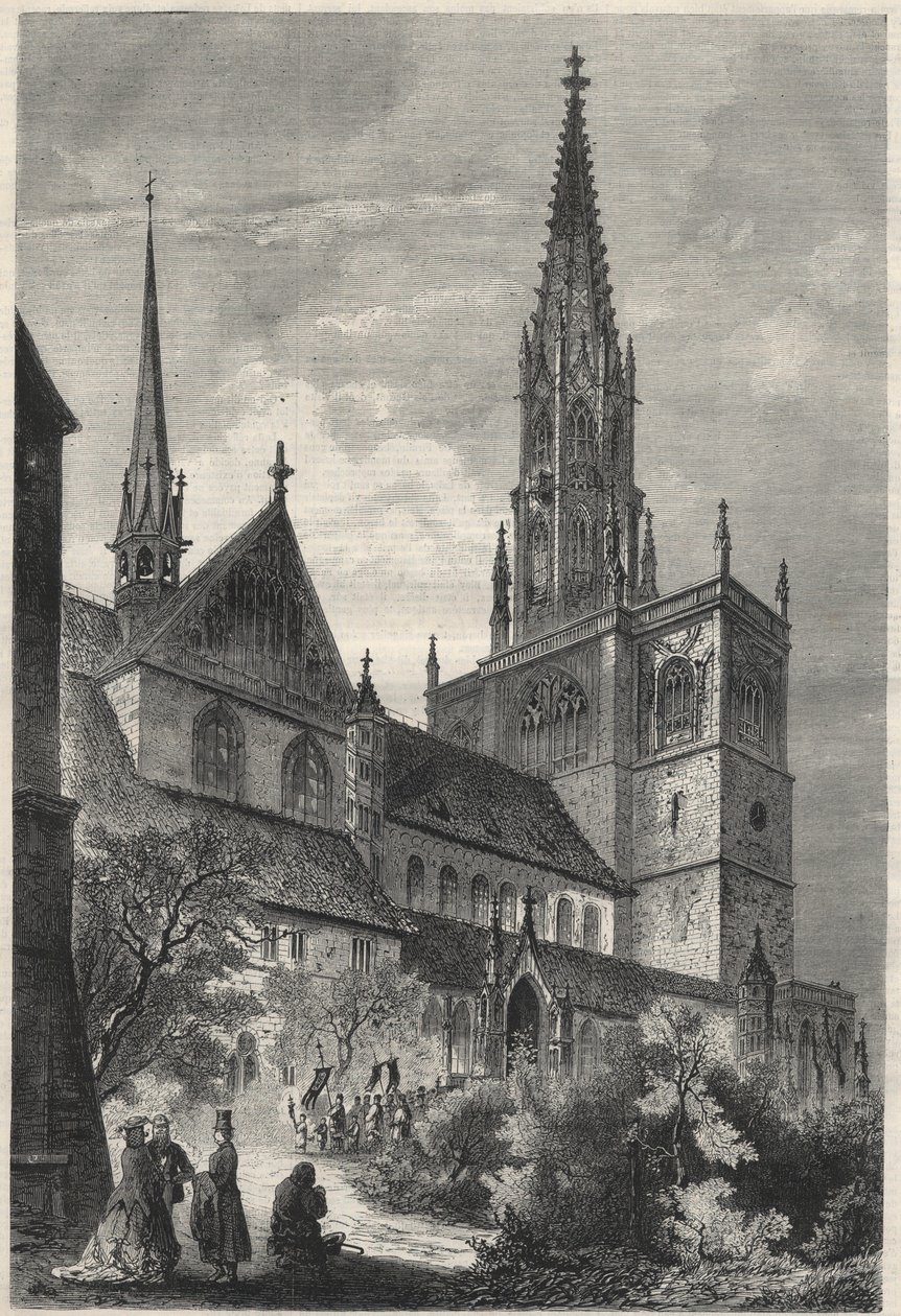 Udvendig udsigt over Notre Dame-katedralen i Constance, Tyskland. Indgravering i "The Universe illustrious" af Unknown artist