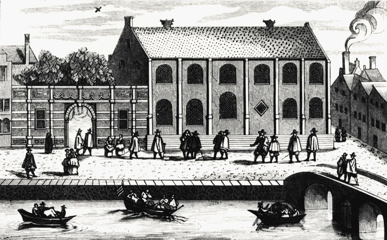 Udvendigt billede af bygningen af ​​University of Leiden, grundlagt i 1575 af William af Nassau. Gravering efter "" Illustrium Hollandiae, etc., Ordinum, Alma Academy Leydensis"" af Unknown artist