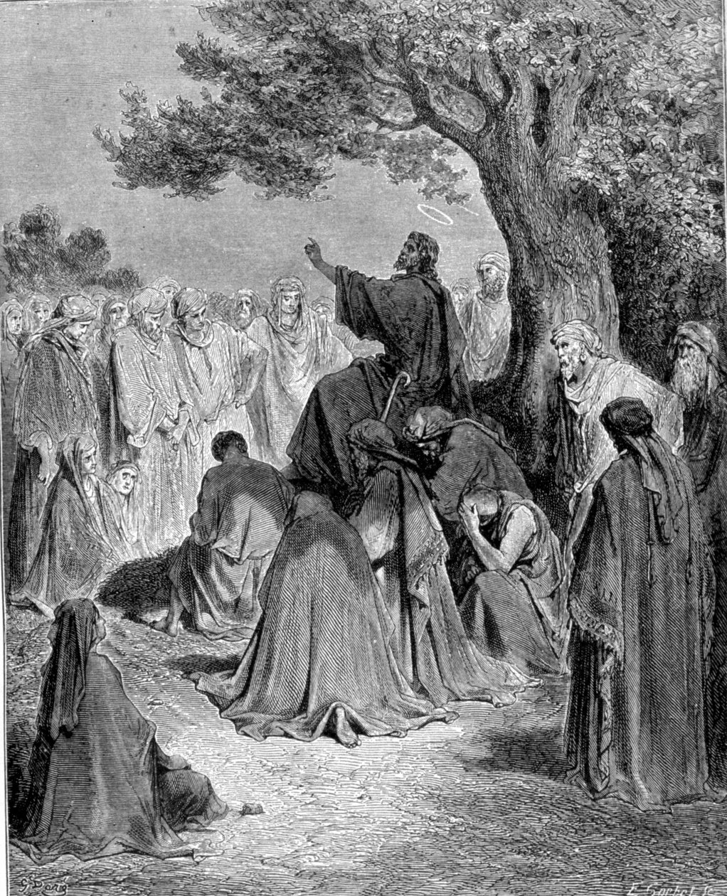 Uddrag fra Matthæusevangeliet. Jesus Kristus prædiker for mængden af sine disciple. Indgravering af det 19. århundrede. af Unknown artist