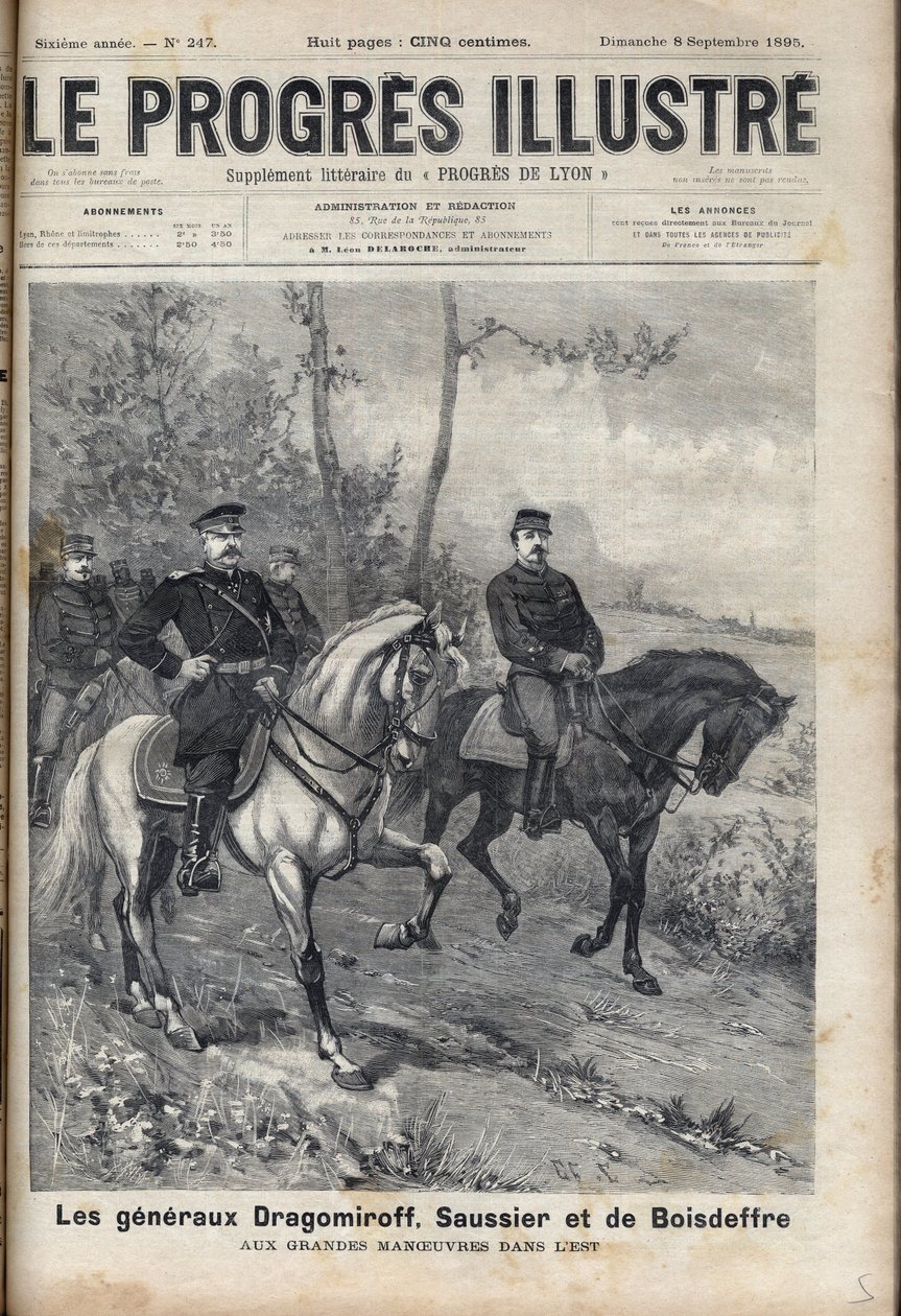 FRANSK-RUSSISKE FORBINDELSER - Fransk general Saussier og russisk general Dragomirov Mikhail Ivanovich Dragomirov (Michael Ivanovich Dragomirov) (1830-1905) og Raoul Francois Charles Le Mouton de Boisdeffre på tidspunktet for hærens manøvrer i Vogeserne, af Unknown artist