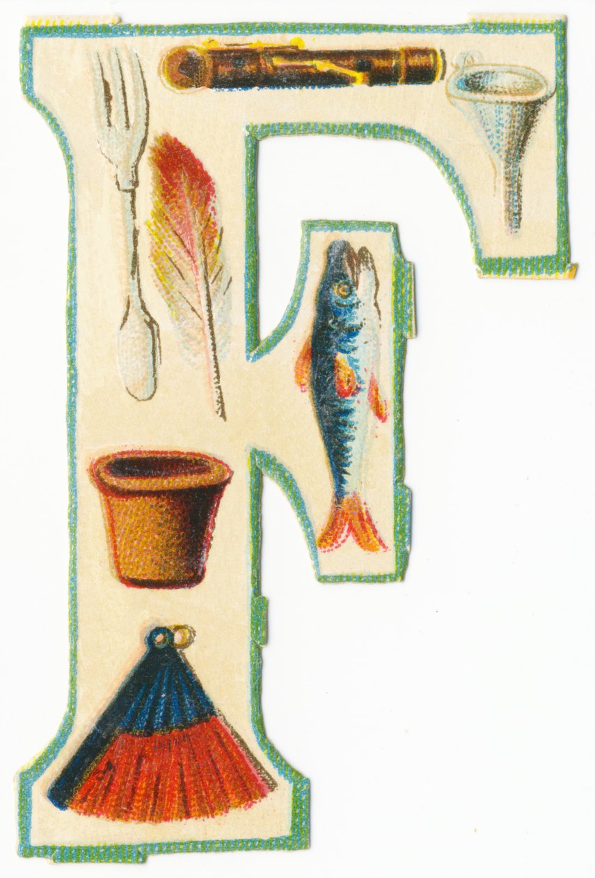 F: gaffel, fløjte, tragt, urtepotte, fjer, fisk, blæser (farve litho) af Unknown artist