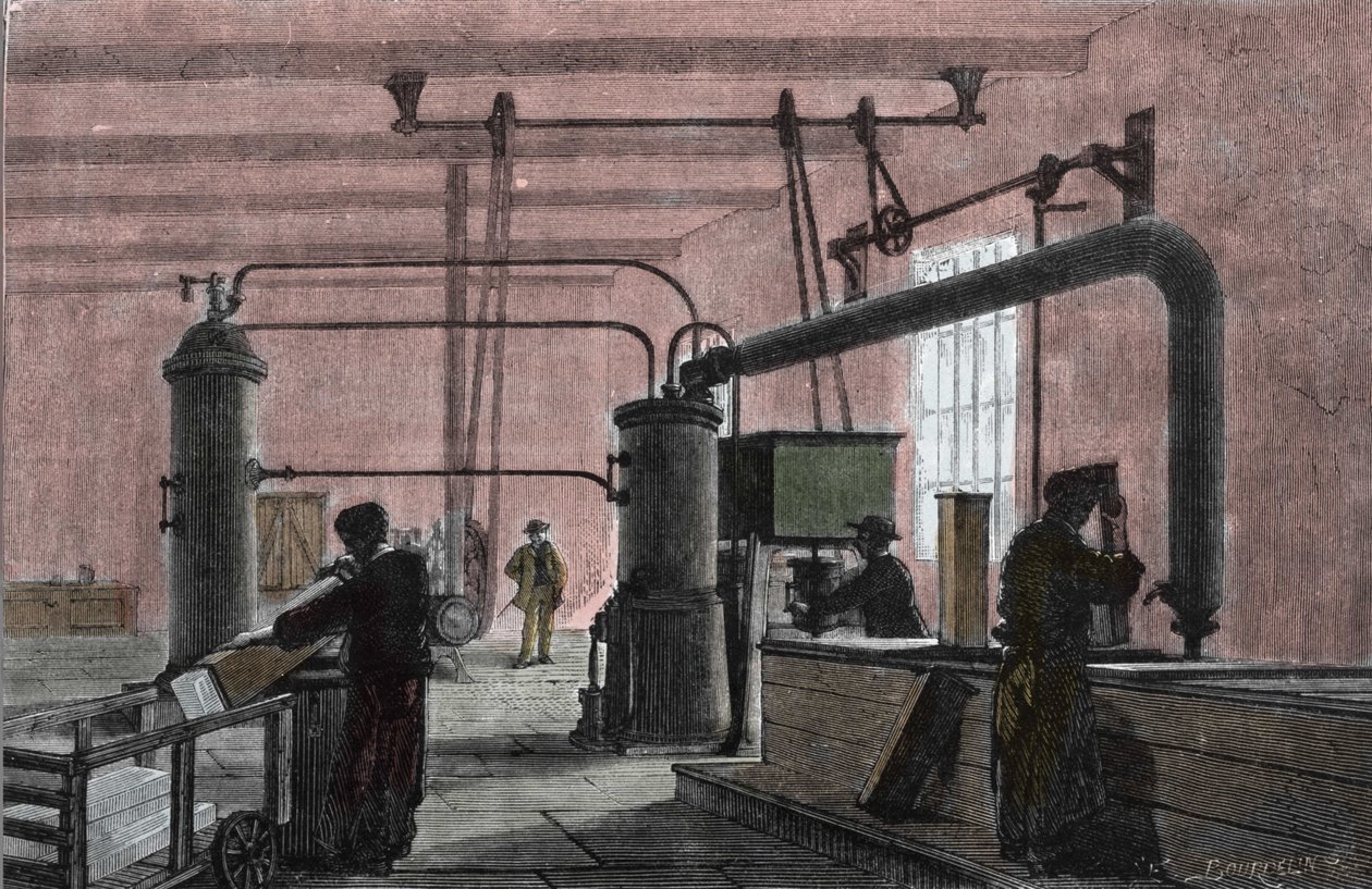 Fabrik til fremstilling af is med Ferdinand Carres system (1824-1894). Indgravering af det 19. århundrede. af Unknown artist