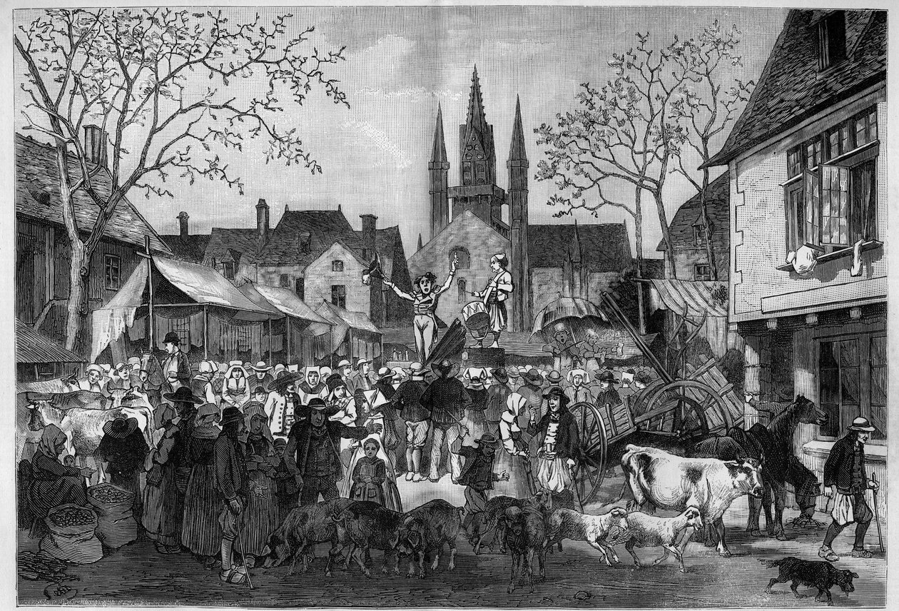 Messe i Bretagne på pladsen i en landsby. Gravering i "" Le Monde Illustré"" af Unknown artist