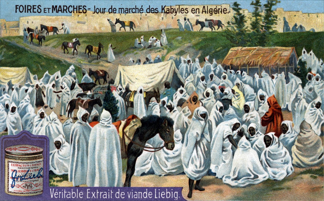 Messer og markeder: Kabyl markedsdag i Algeriet. Kromolitografi, Liebig-billede. af Unknown artist