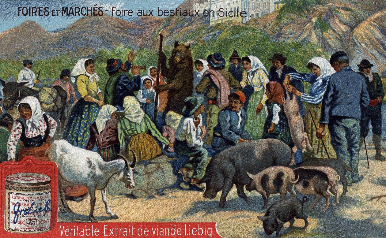 Messer og markeder: kvægmesse på Sicilien. Kromolitografi, Liebig-billede. af Unknown artist