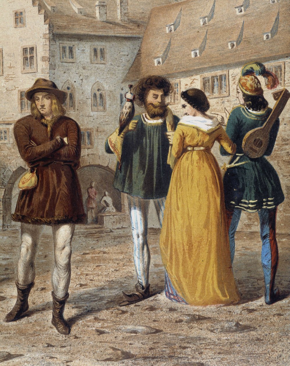 Falkoner, dame og troubadour: Gadebillede i Strasbourg i middelalderen. af Unknown artist