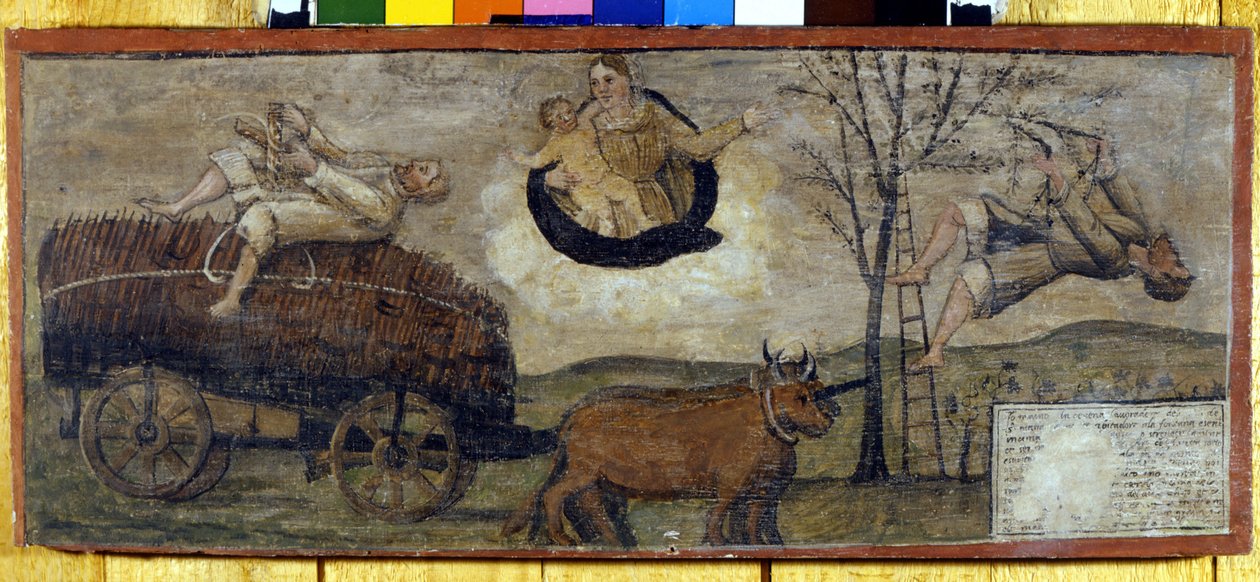 Fald af et træ på en vogn fyldt med hø. af Unknown artist