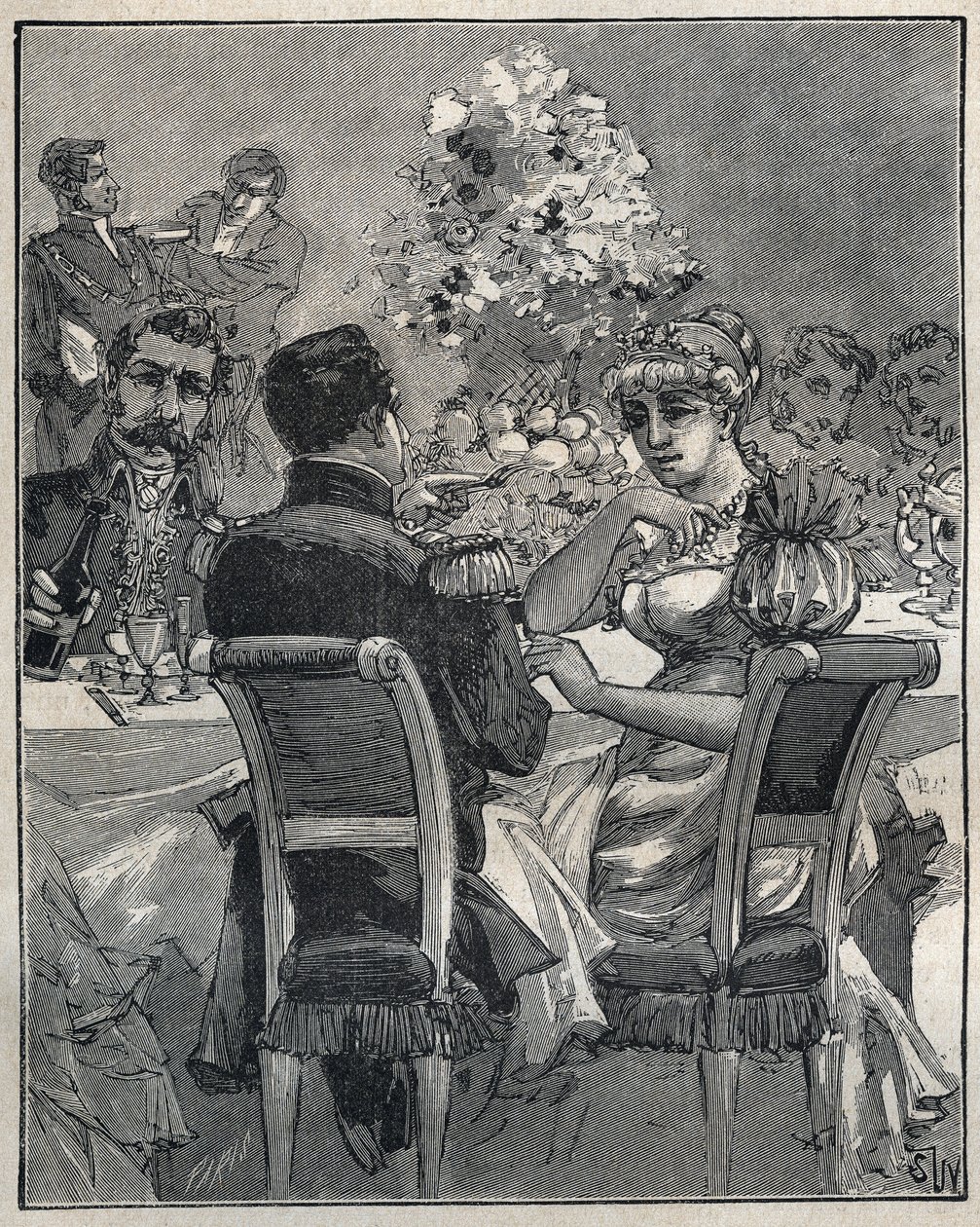 Berømte halskæder: Josephines perlekæde. Konsul Napoleon Bonaparte spørger efter oprindelsen af perlekæden på halsen på hans kone, Josephine de Beauharnais (Marie Josephe Rose de Tascher de La Pagerie) af Unknown artist