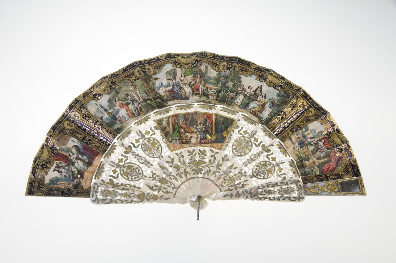 Ventilator, ca. 1860, Trykt og malet papir, perlemor, guld, sølv og kobber metaller, og spejl, Maker ukendt af Unknown artist