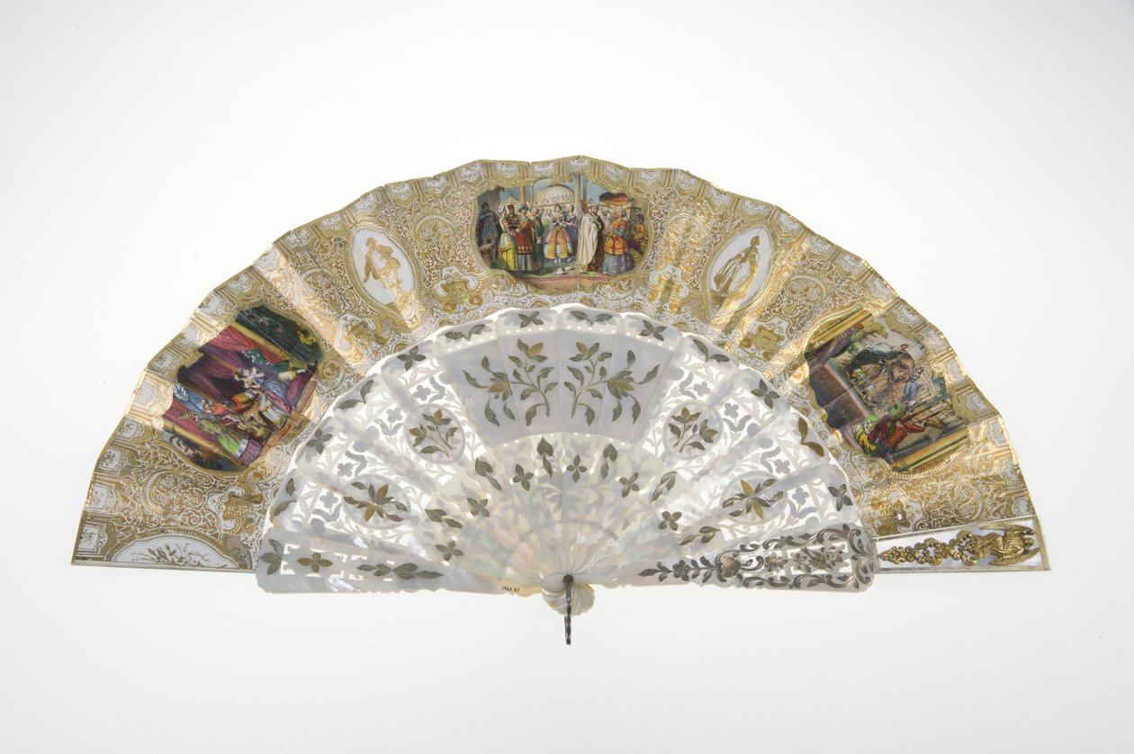 Ventilator, ca. 1860, Trykt og malet papir, perlemor, guld, sølv og kobber metaller, og spejl, Maker ukendt af Unknown artist