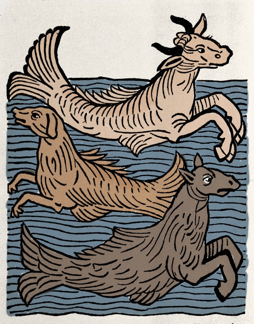 Fantastiske skabninger: repræsentation af en ko, hund og søhest. Gravering fra "Hortus sanitatis"" af Unknown artist