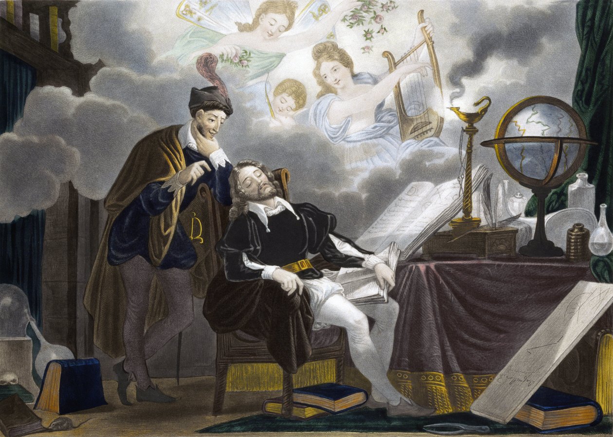 Faust og Mephistopheles - Faust est tente af Mephistopheles - gravering af Unknown artist