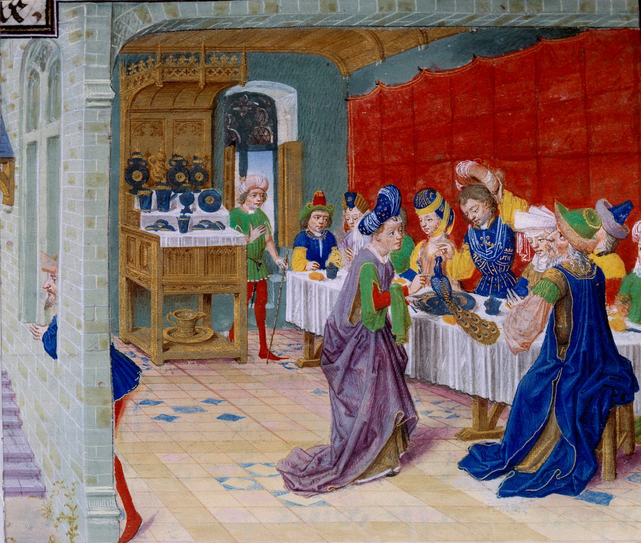 Festmåltid scene, en påfugl serveres på bordet. Miniature taget fra "La Vraye Histoire du Bon Roy Alixandre"" af Callisthenes, eller Kallisthenes (ca. 360-328 f.Kr.) af Unknown artist