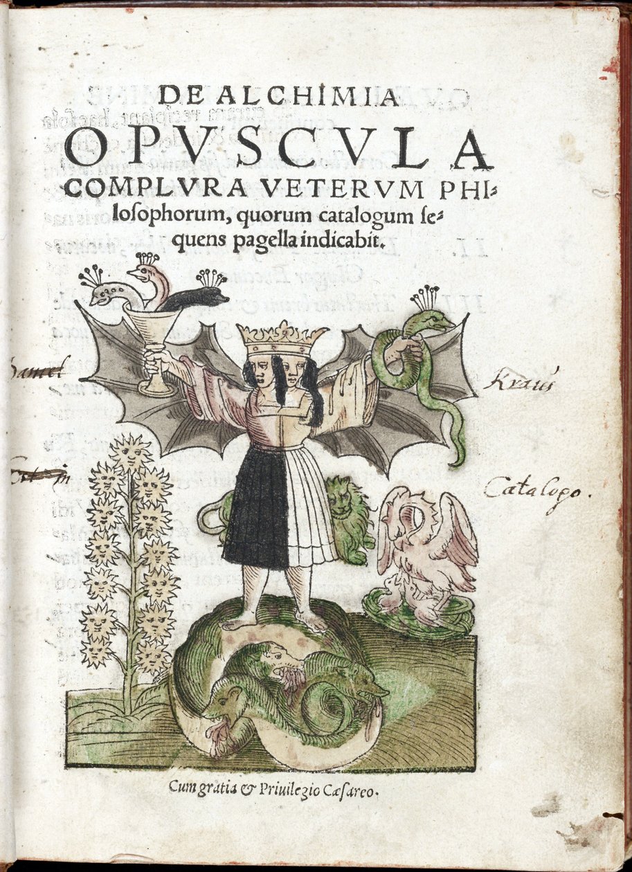 Kronet kvinde, med dobbelt ansigt, stående på et monstrøst dyr, som vifter med en kop og en slange - Frontispice af samlingen De Alchimia opvscvla complvra vetervm philosophorum (Alkymiens værk ifølge de gamle filosoffer) af Cyriacus Jacob (akt af Unknown artist
