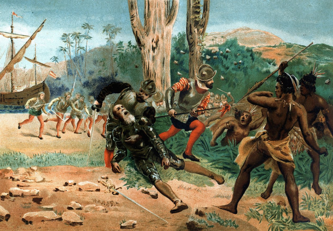 Fernand de Magellan døde (ca. 1480-1521), portugisisk navigatør, dræbt på øen Mactan (Filippinerne) den 27. april 1521. efter fejrede mænd og kvinder. Barcelona 1877. af Unknown artist