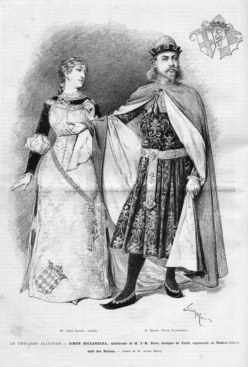 Fides Devries i rollen som Amelia og Victor Maurel (1848 -1923) i Simon Boccanegras eponymopera i tre akter af Giuseppe Verdi, en libretto af Francesco Maria Piave efter et stykke af Antonio Garcia Gutierrez, en repræsentant ved Itali af Unknown artist