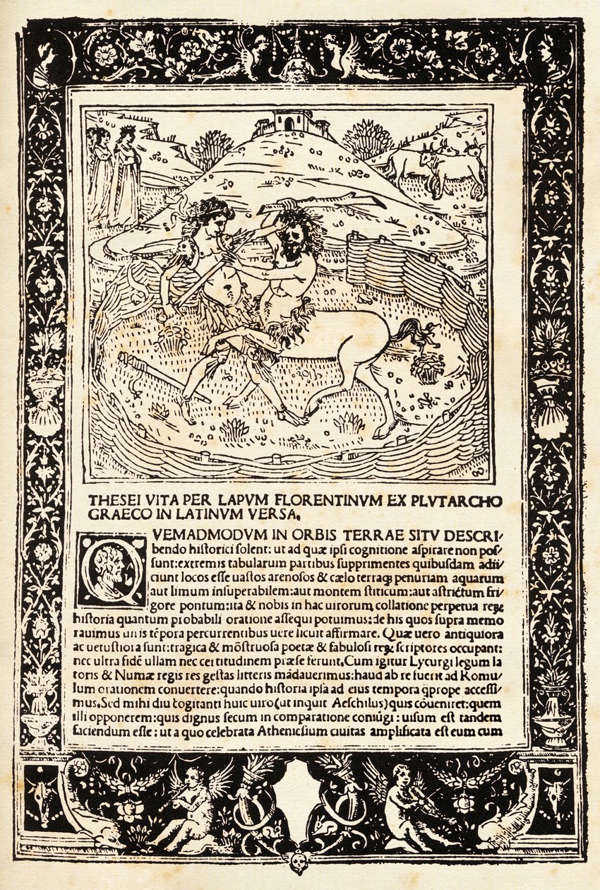 Fight Of Teseo With The Minotauro (træsnit) af Unknown artist