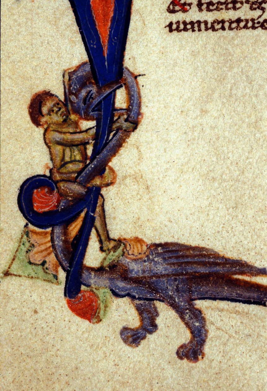 Kamp mellem en drage og en mand Detalje af en miniature fra det 14. århundrede af Unknown artist