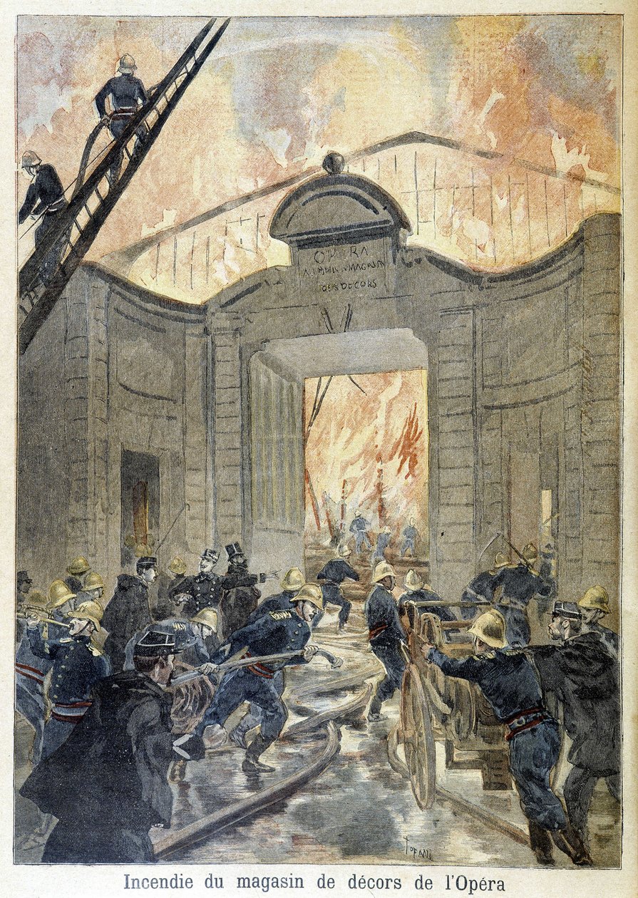 Brandvæsenets indgreb under branden i operaens indretningsbutik. illustration af "Petity Journal" i 1894. af Unknown artist
