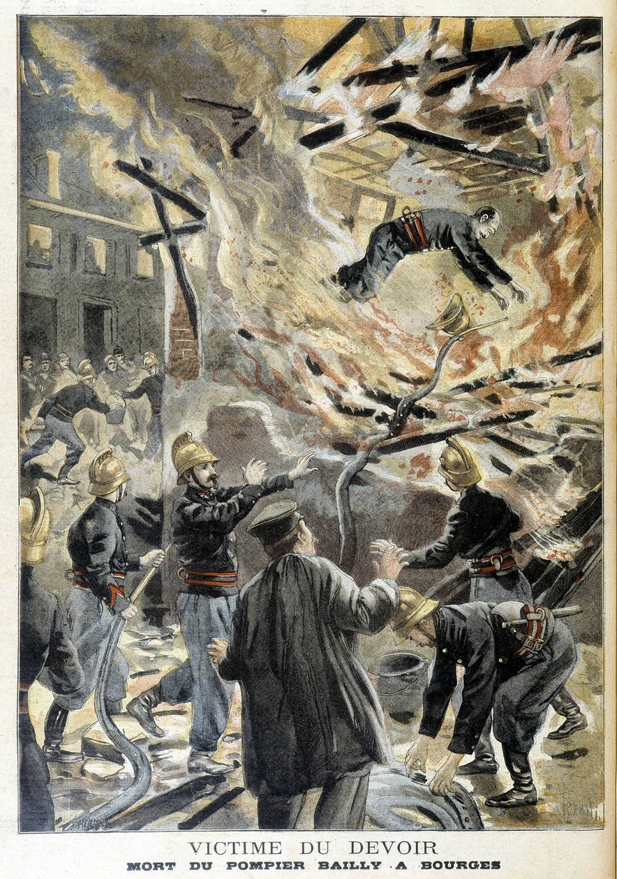Brandmand Bailly døde i Bourges i en brand under et indgreb. Illustration af "Little Journal" fra 1898. af Unknown artist