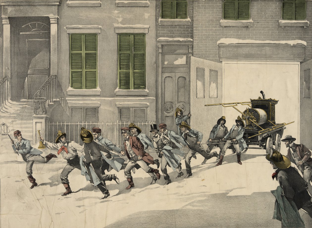 Brandfolk afgår nødopkald på brandstedet, akvarel af 1895. USA af Unknown artist