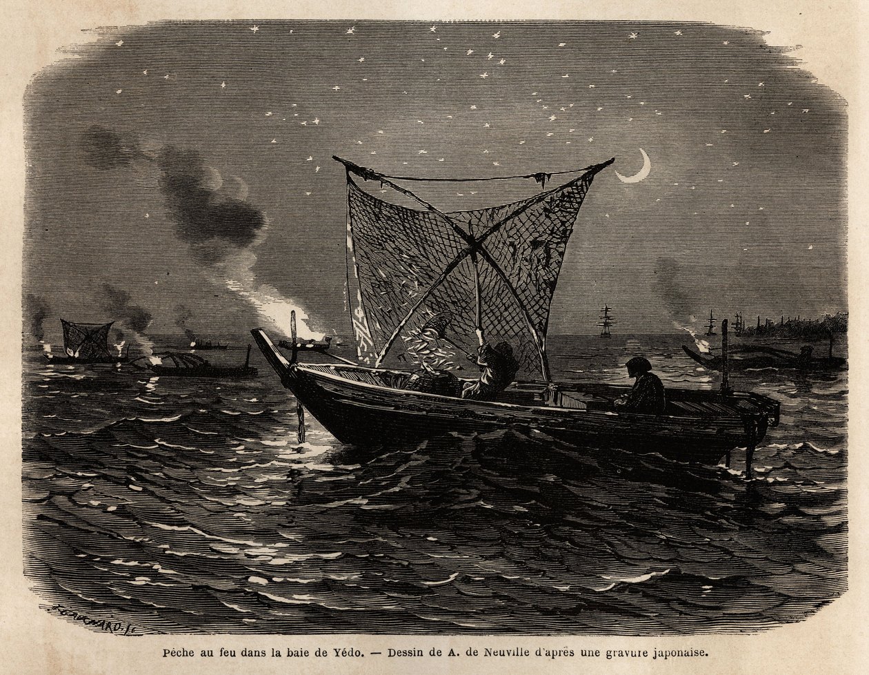 Ildfiskeri i Yedo Bay (eller Edo, nutidens Tokyo), i løbet af natten bærer hver båd en slags grill ved forlygterne, lyset tiltrækker fisk, der fanges med et stort net. Gravering til illustration af Japan, rejsehistorie af Aime Humbert, minister for af Unknown artist