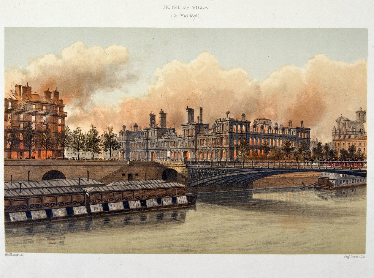 Brand på Hotel de Ville de Paris den 24. maj 1871 - litografi af Unknown artist