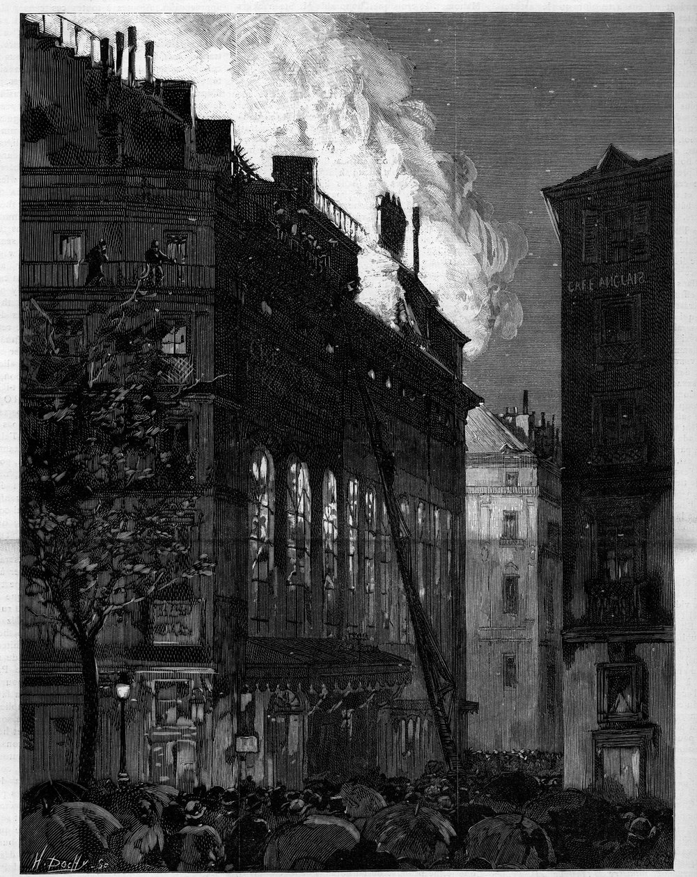 Brand fra Opera Comique (Opera-Comique) i Paris set fra Rue Marivaux og Boulevard des Italians den 26. maj 1887. Indgravering i "" Le monde illustrious"" af Unknown artist