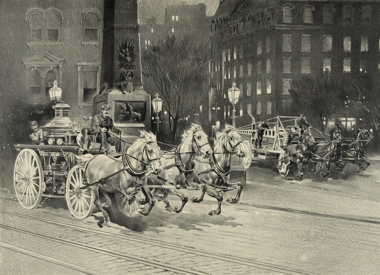 Brandbil trækker af heste, der ankommer til brandstedet. USA. 1895 af Unknown artist