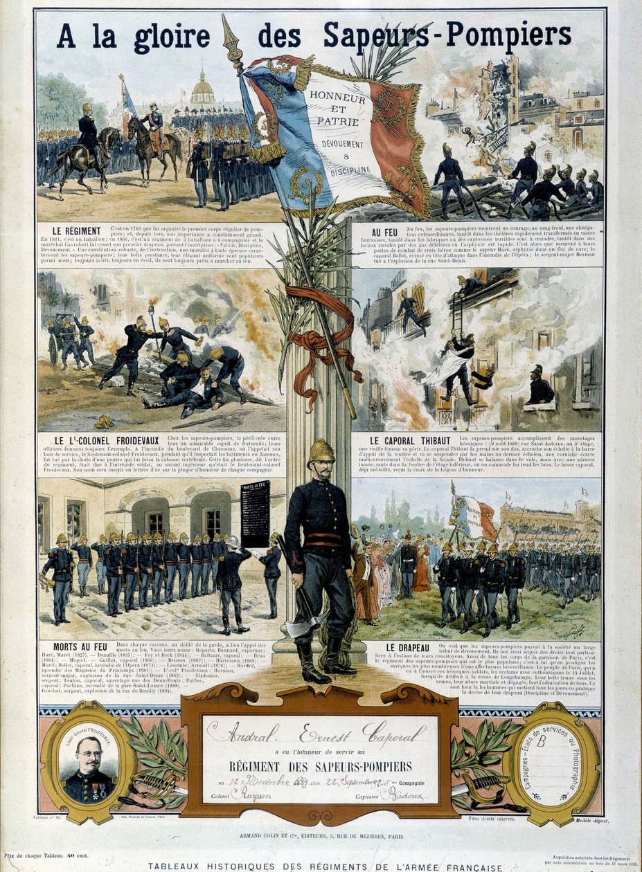 Brandmænd: Til Sapeurs ære - i "" Historiske malerier af den franske hærs regimenter"" omkring 1890 af Unknown artist