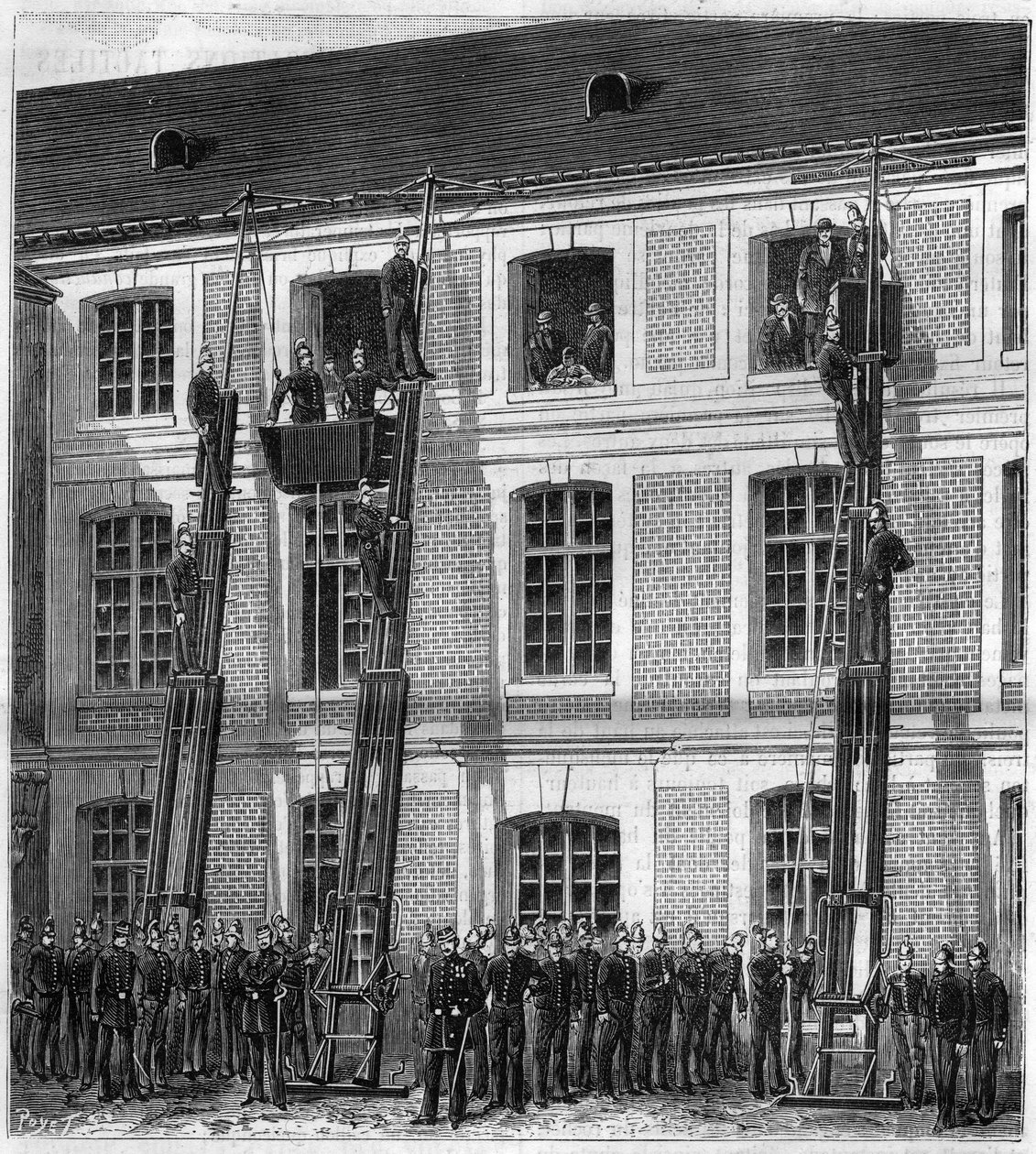 Brandmænd ombord på den nye redningslift til brandforsøg i Rouen i den gamle Normalskole. Gravering i ""La Nature"" af Unknown artist